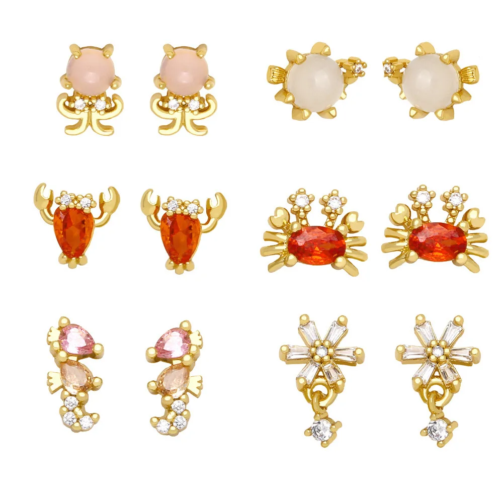 Fashion Unique Shiny Zirconia Summer Ocean Life Crab Jellyfish Shrimp Seahorse Stud Earrings for Women Charm Party Jewelry Gifts