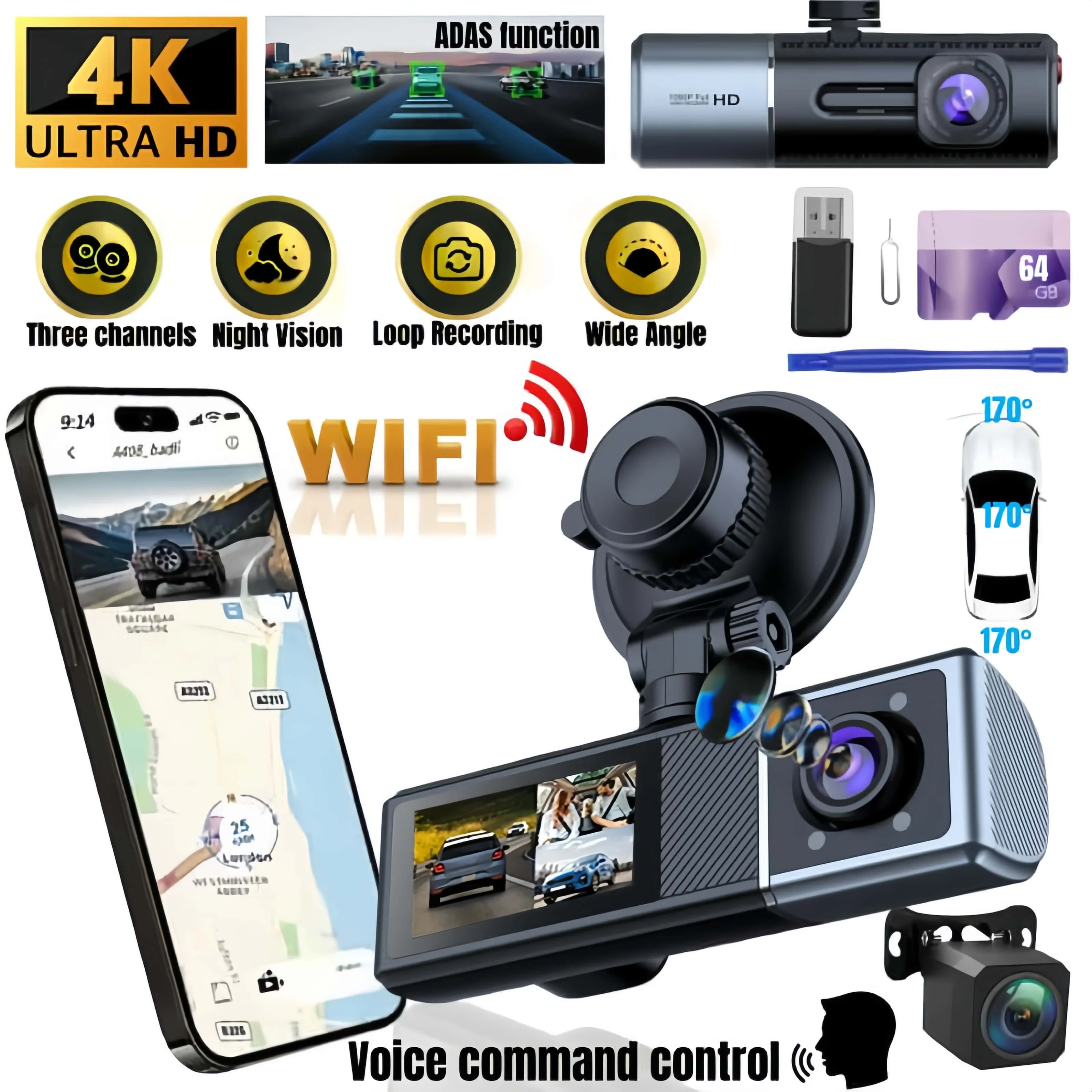 

4K Dash Cam Front Rear, STARVIS 2 Sensor, Free Card Included, 2.4GHz WiFi Fast Download, ADAS, WDR Night Vision, 170°Wide Angle
