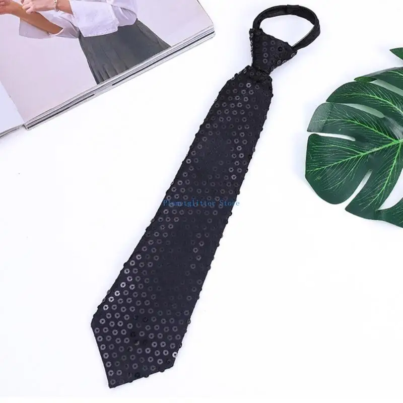 

652B Unisex Shinning Sequins Tie for Mens Women Shiny Glitter Pre-Tied Necktie with Adjustable Zipper for Festival Dance