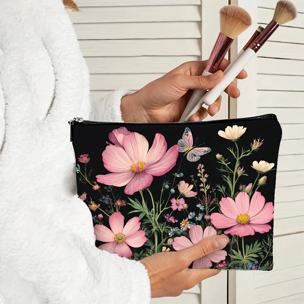 Un sac de maquillage à motifs floraux - pochette multifonctionnelle à fermeture éclair, sac de rangement de bijoux, petit sac de rangement à fermeture éclair de voyage parfait.