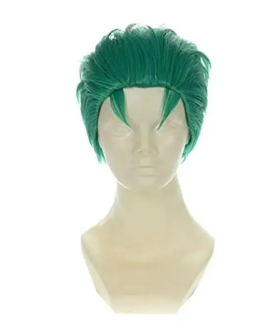 Wig Cosplay rambut sintetis, gaya hijau pendek 12"