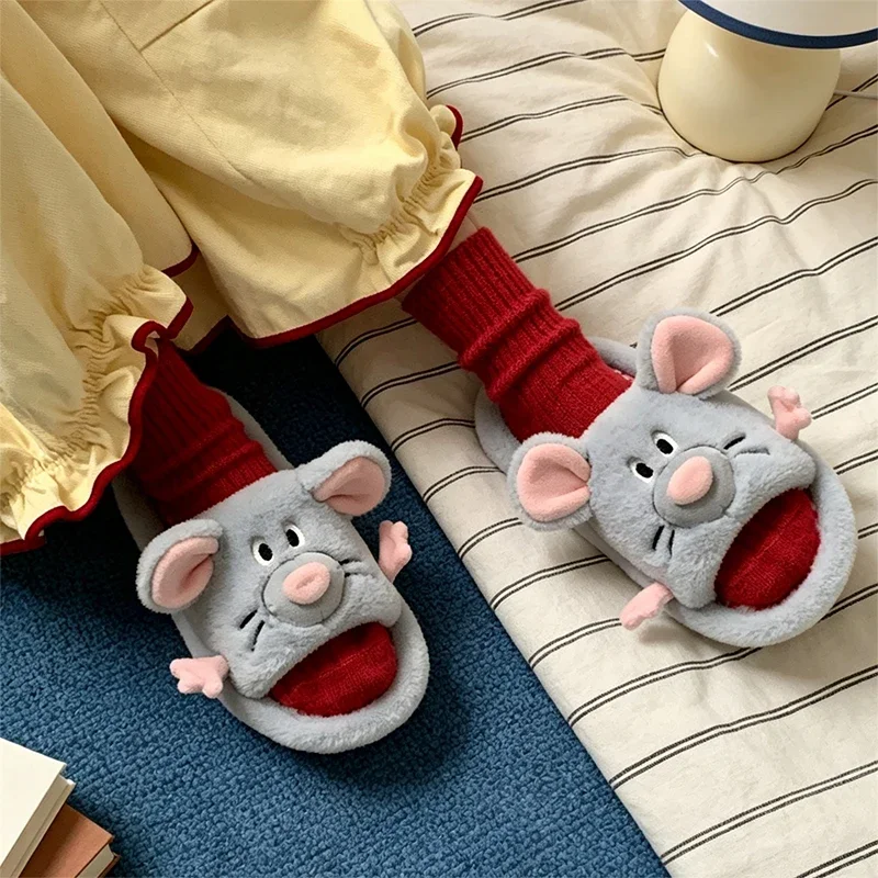 Women Fashion Warm Mouse-style XIXITIAO Winter Cartoon Cotton Slippers Men   Flat Plush Indoor Shoes Furry Home Open-toed Slides