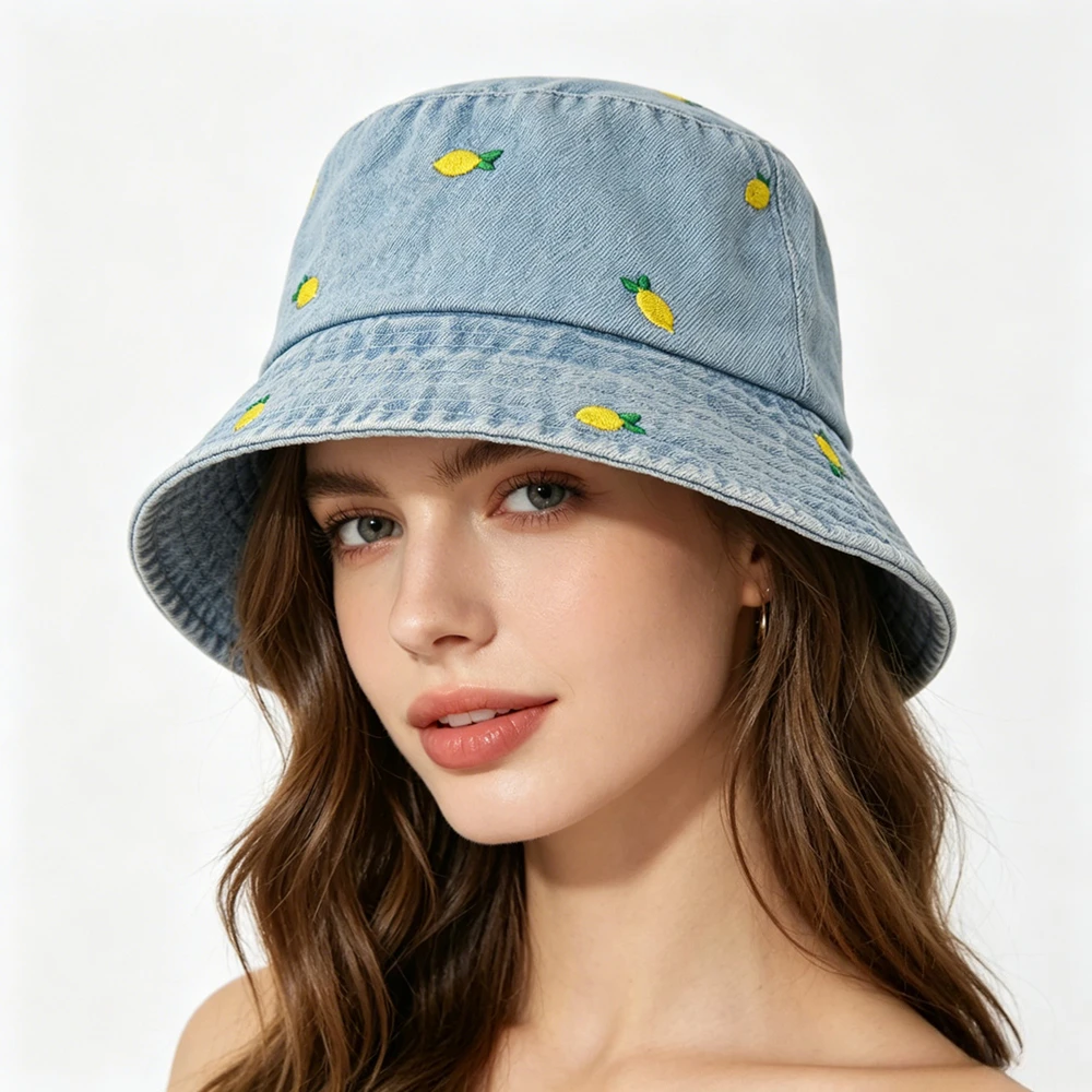 New Washed Denim Summer Bucket Hat Women Embroidery Lemon Cotton Autumn Best Matched Sunshade Fisherman Cap Men Bonnets Gift