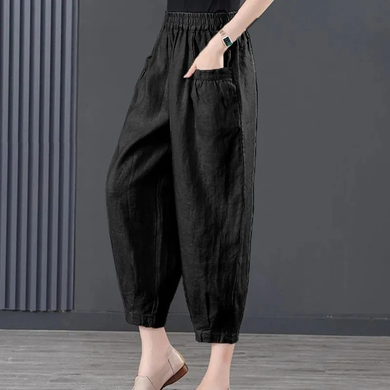 Women\'s 2024 Summer Fashion Solid Color Elastic High Waist Lantern Pocket Loose Band Mouth Ice Silk Cotton Linen Harlan Pants