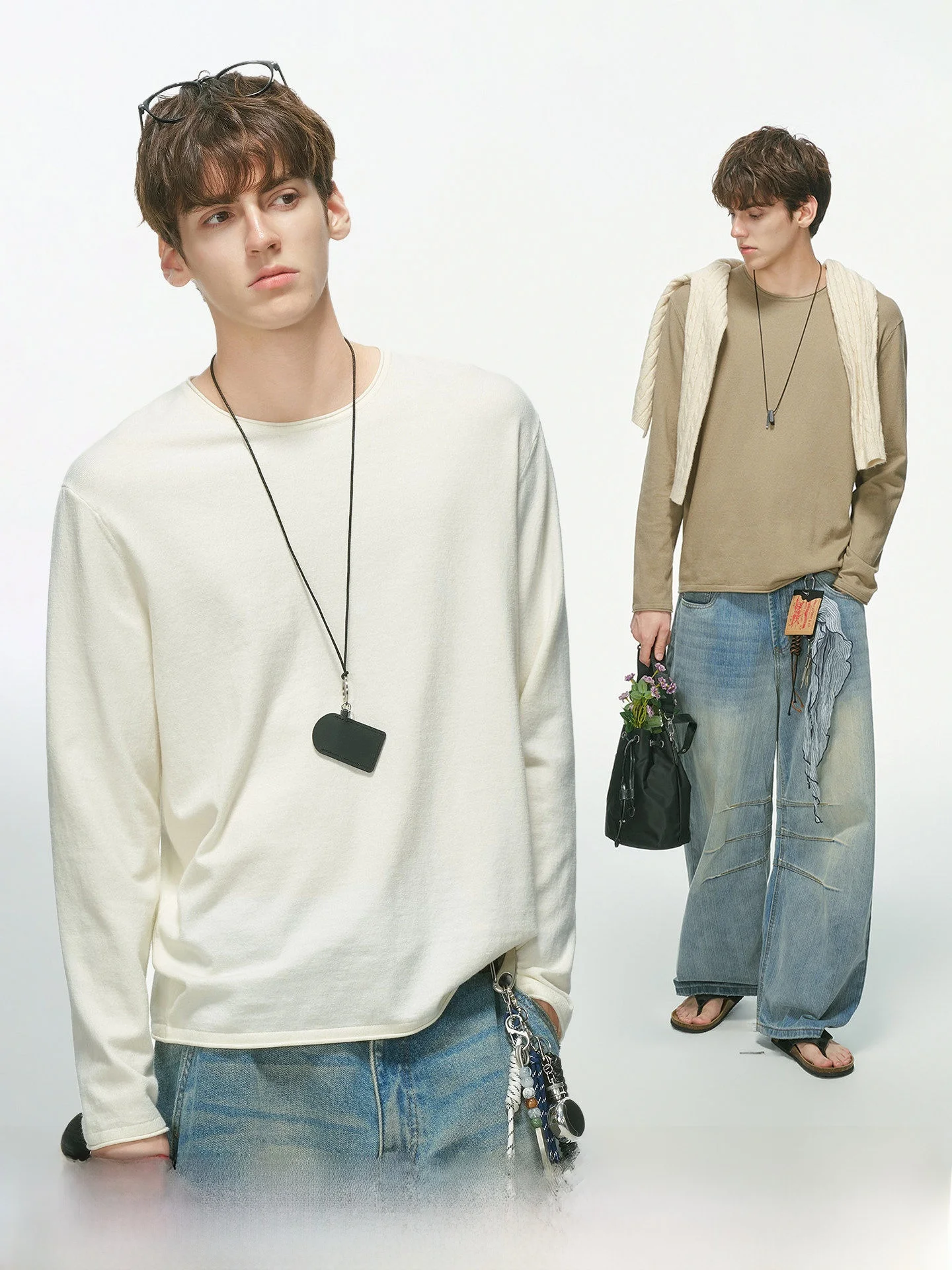 Dream Made Men's Long Sleeve Wool Blend T-Shirt White Base Layer Shirt for Autumn Couples Casual Comfortable Loose Fit