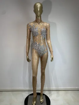 Sparkling Diamonds High Stretch Mesh Jumpsuit Birthday Evening Party Bar Nightclub DJ Female Singer Stage Performance Costume