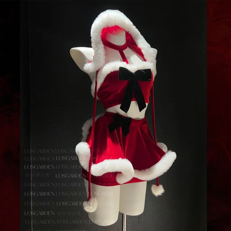 Christmas Costumes for Women Hanging Neck Top with Hat Fancy Dress Set Xmas Party Adult Red Hat Santa Cosplay Costume