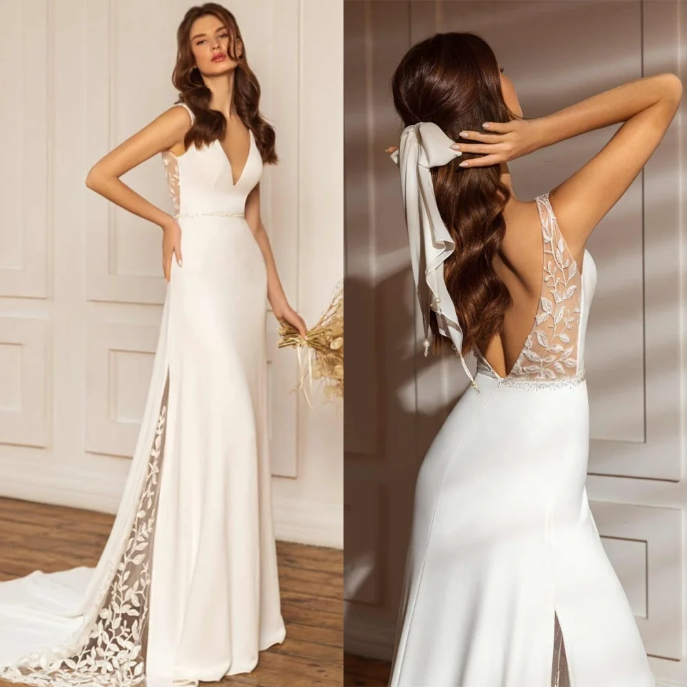 

Customized Classic White Wedding Dress Mermaid and V-neck Bridal Gowns Open Back Vestido De Novia whih Appliques for Woman 2025