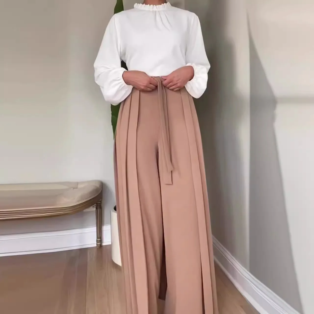 

Summer 2024 Women's Wide Leg Pants Belted Pleated Pure Color Casual Sport Suit Korean Sle Long Trousers for Ladies