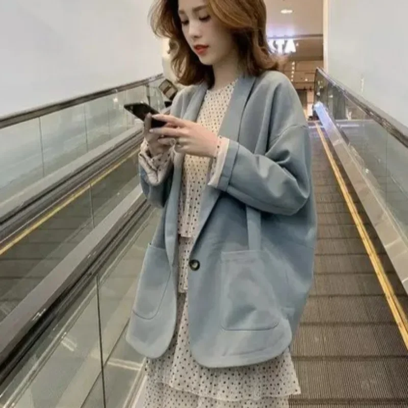 固体ブレザー女性のためのオールマッチ長袖ファッションシングルブレスト若い女の子春秋ルーズオフィスレディエレガントなフィット