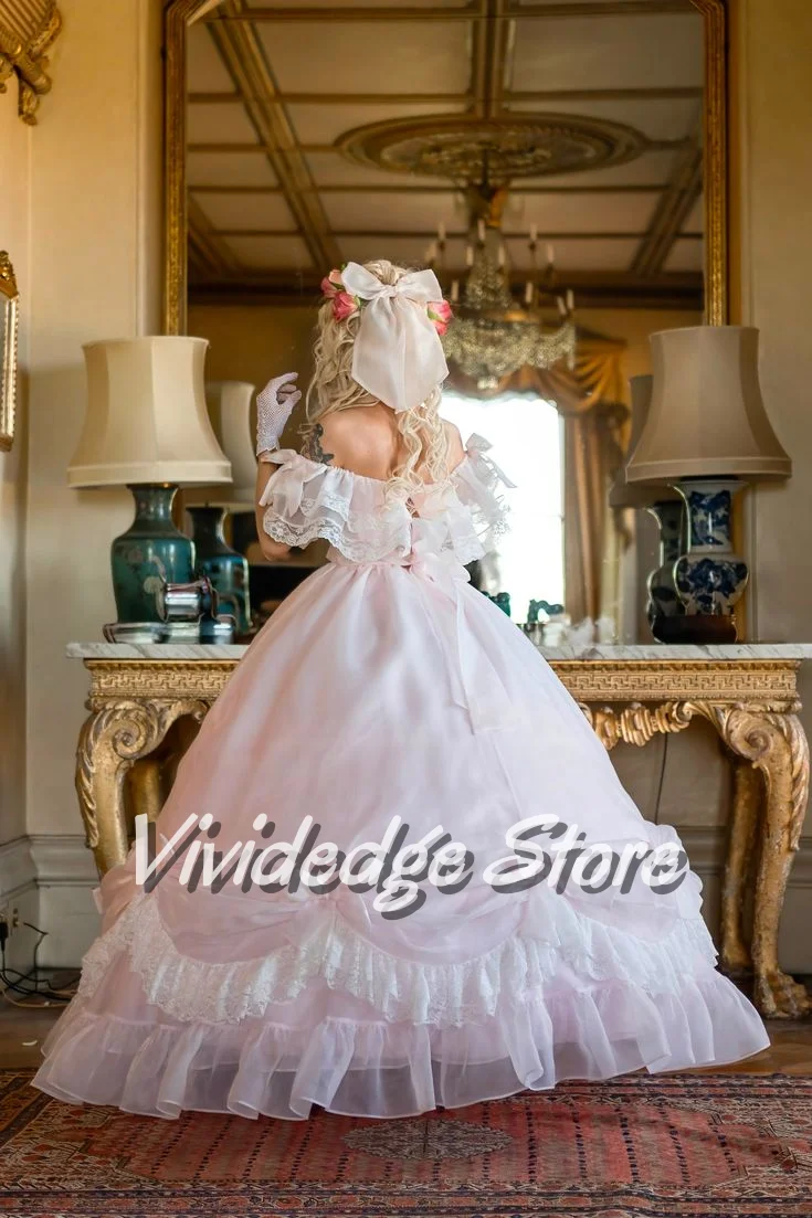 Customized Medieval Victorian-Style Light Pink Bridal Gown Snap Shoulder Ruffled A-Line Hem Pleated Bridal Wedding Dress