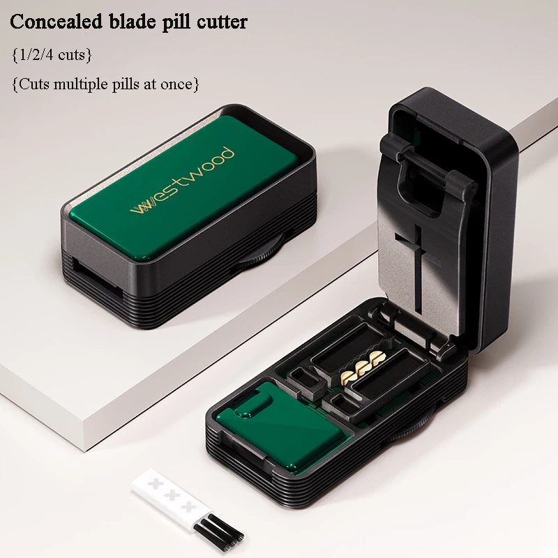 Newest Adjustable Pill Cutter Hidden Blade with Sealed Medicine Divider Storage Box Compact&Portable Tablets Splitting Organizer