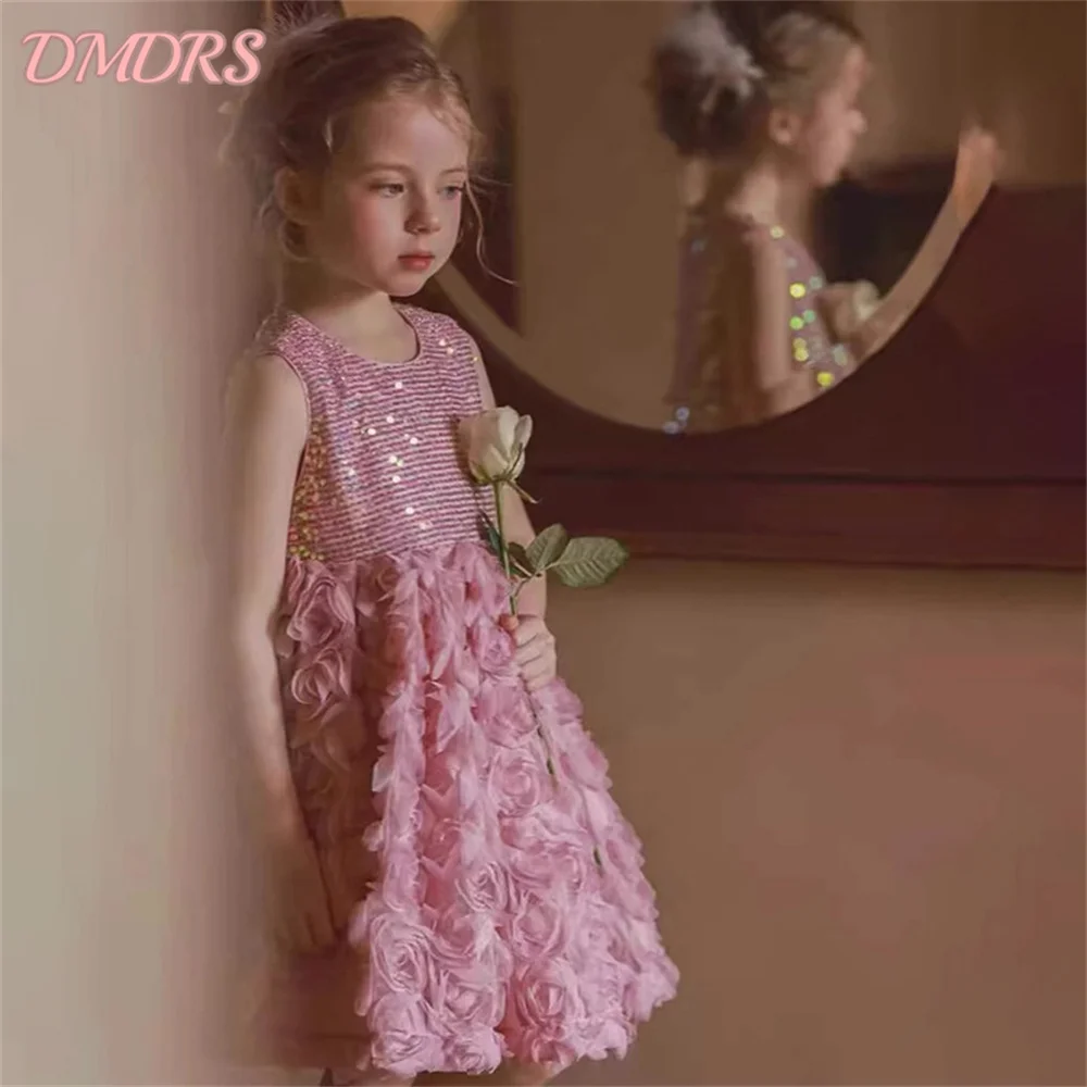 

Cute Sleeveless Birthday Dress Charming 3D Flowers Girls Dress Elegant Princess Dress Solemn Wedding Dress Host Piano