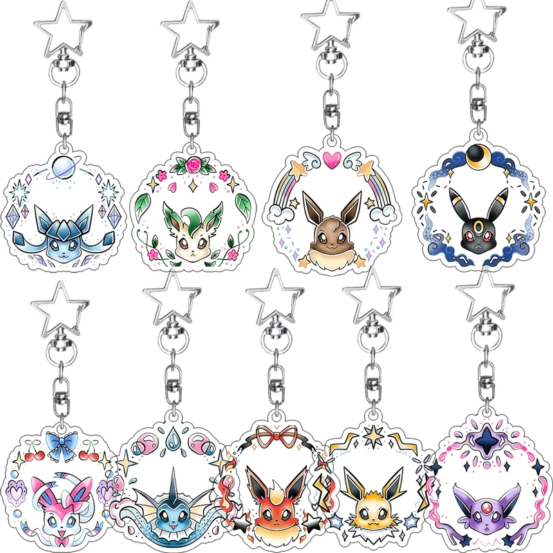 

Fashion Anime Eeveelutions Acrylic Keychain Flower Eevee Glaceon Leafeon Umbreon Sylveon Vaporeon Keyring Charm Gift for Friends