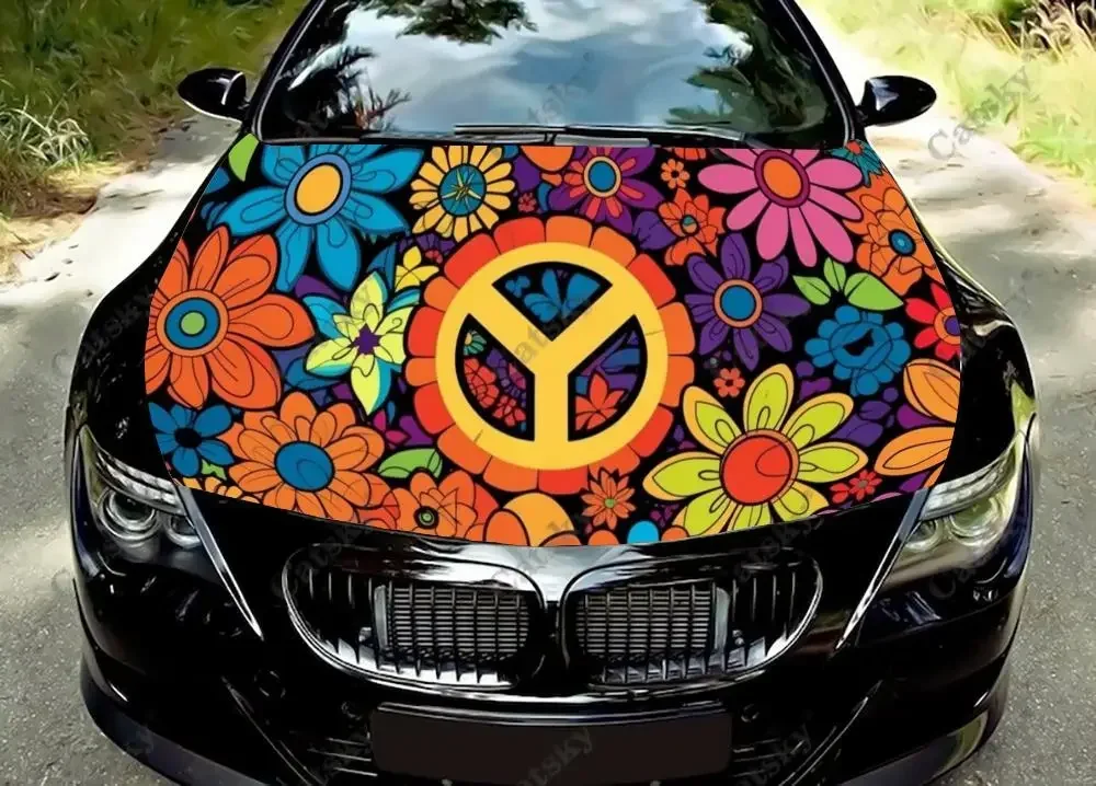 

Hippie Vibes Retro Peace Signs Car Hood Vinyl Stickers Wrap Vinyl Film Engine Cover Decals Sticker on Car Auto Accessories