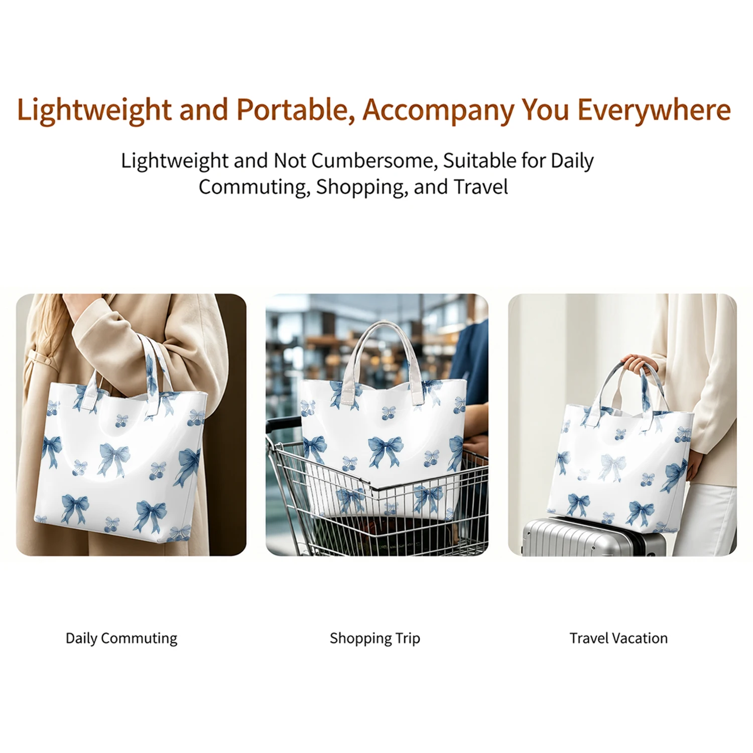 Blue Cherry Bow Fashion Large Glossy PVC Tote Bag Hand Washable Waterproof Perfect Travel Commute Cosmetic Storage Shopper view 6