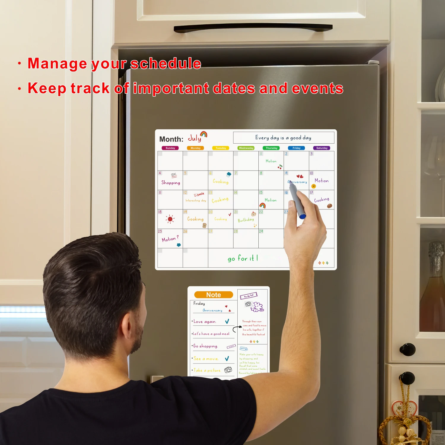 Magnetic Whiteboard Calendar - 冷蔵庫用マグネットカレンダー 月間・週間プランナーカレンダー テーブル用ホワイトボード ペン付き 冷蔵庫ステッカー メッセージボード