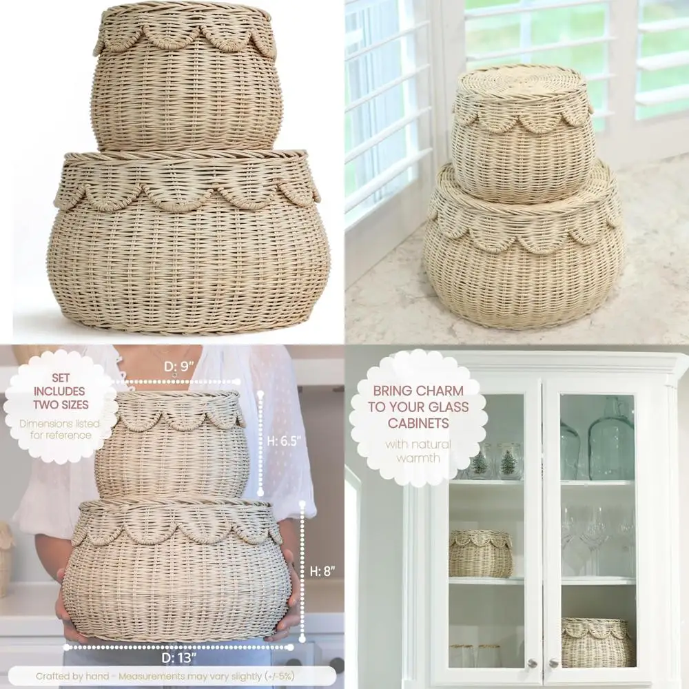 

Natural Wicker Storage Baskets Set, 2-Piece Small Round Scalloped Lidded Decorative Baskets for Bohemian Home Decor