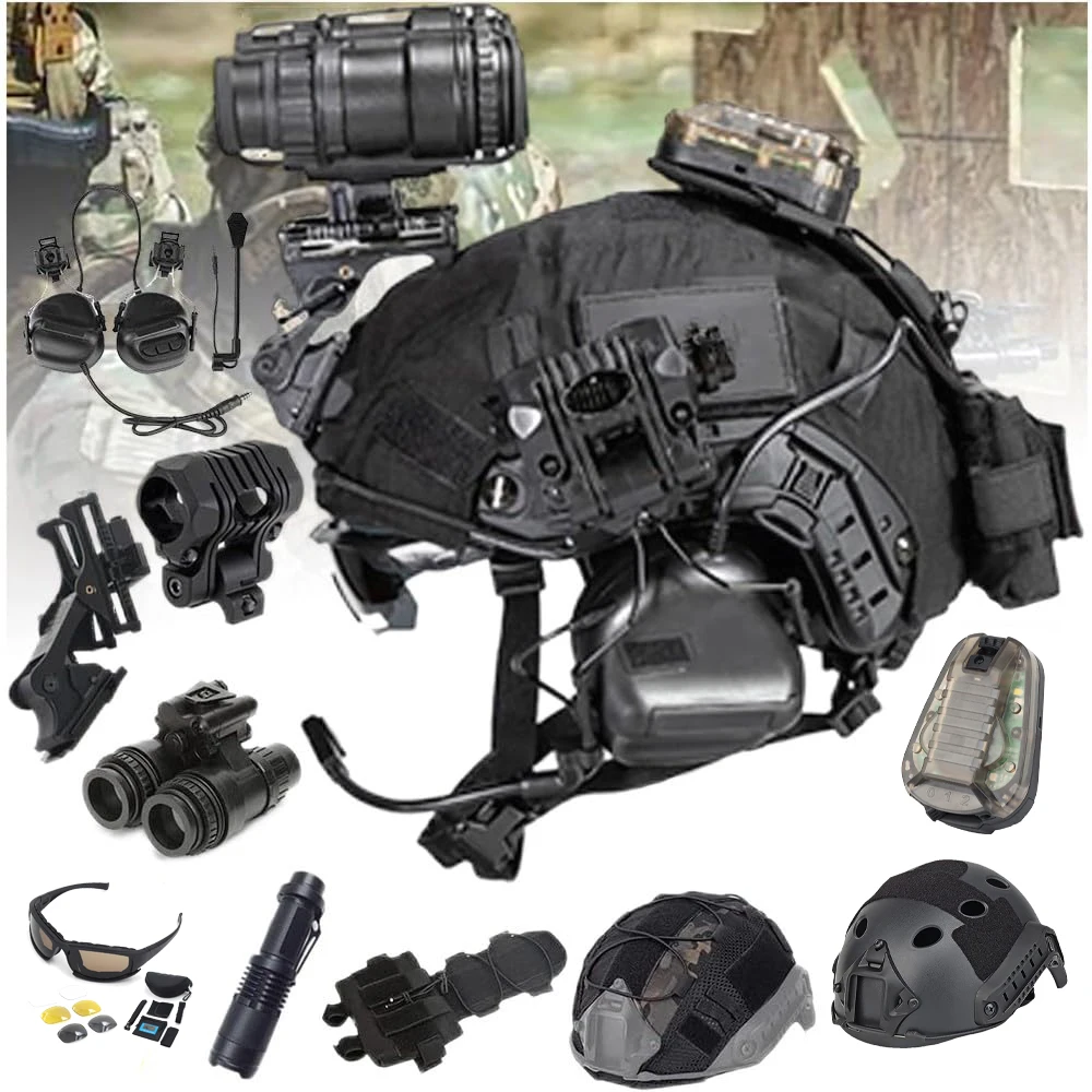 Tactical Helmet Set with Airsoft Headset Goggles L4G24 NVG Mount Flashlight Signal Light for Field Paintball Shooting CS Gaming