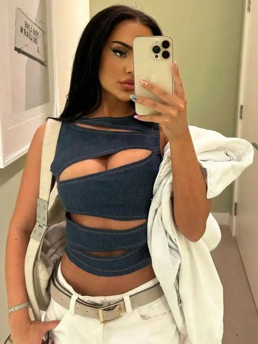 

Y2K Cutout Denim Crop Top Women Sleeveless Asymmetric Tank Streetwear Clubwear Summer