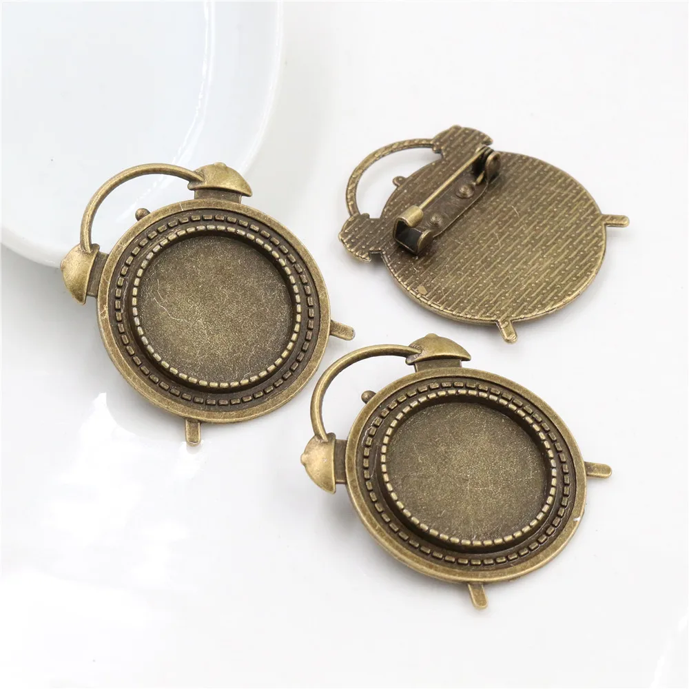 5pcs 20mm Inner Size Antique Silver Plated And Bronze Brooch Pin Alarm clock Style Cabochon Base Setting