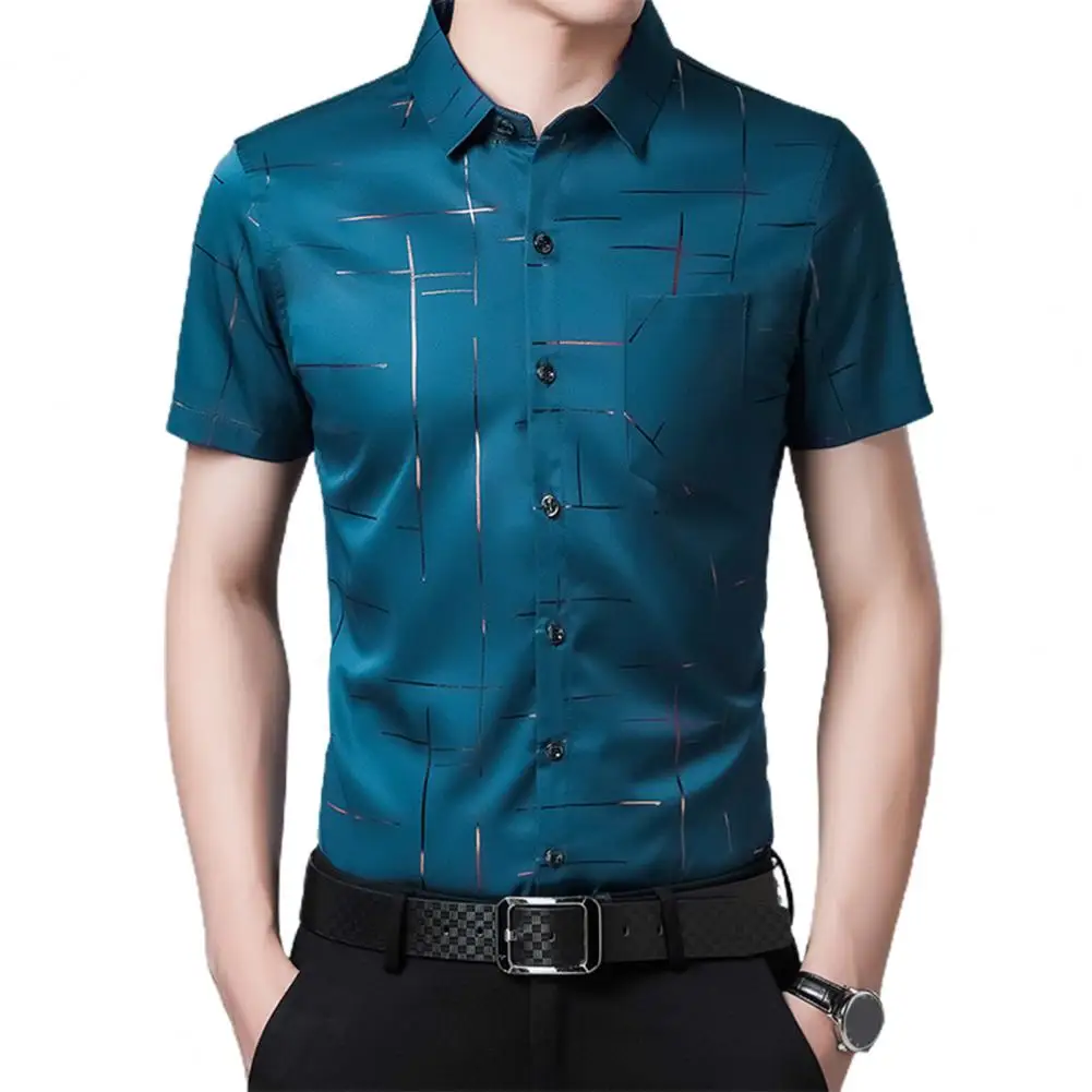 Camisa coreana listrada masculina de negócios, casual, manga curta, sedosa, Japão, Top de trabalho de verão, verão