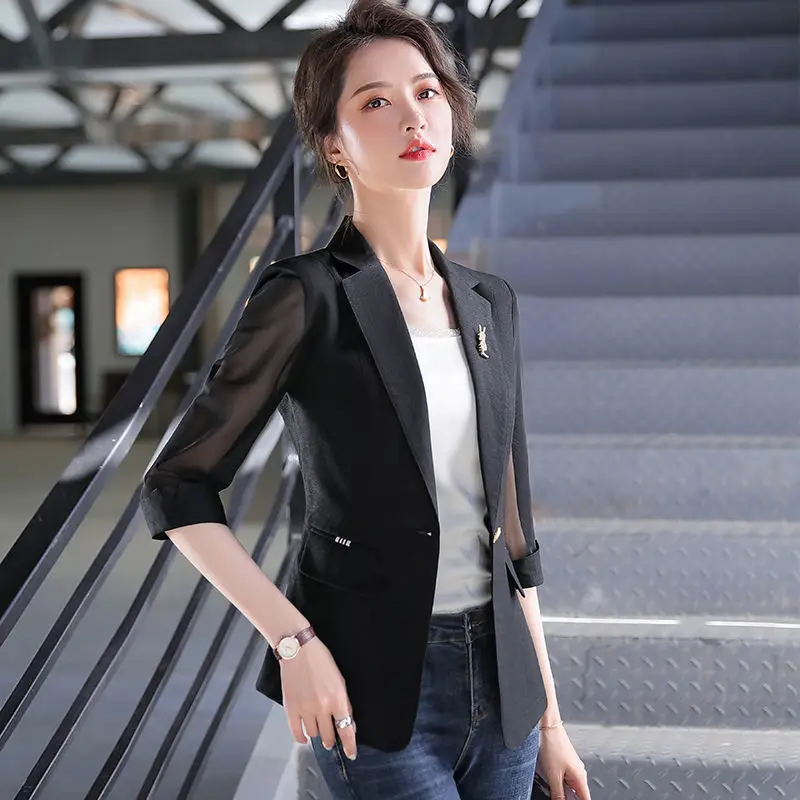 Thin Spring Summer Office Lady Fashion Notched Business Casual Pocket Solid Skinny Simple Three Quarter Sleeve Women\'s Clothing