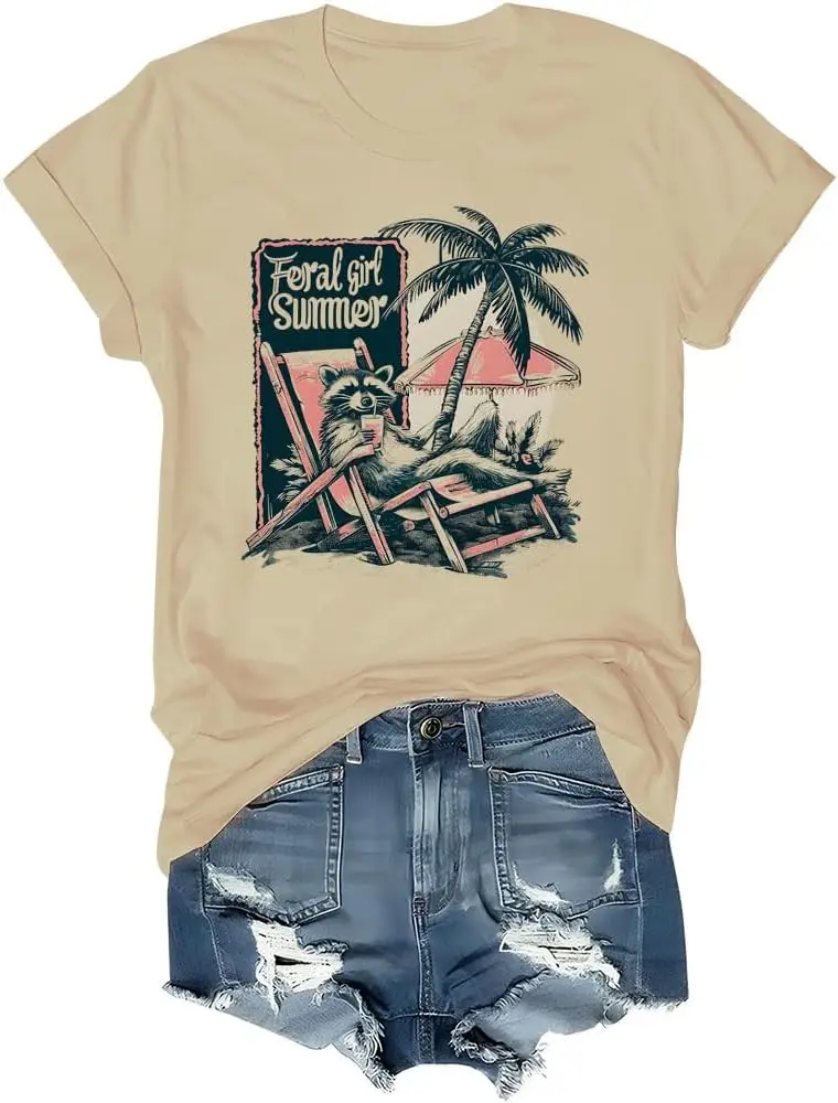 Feral Girl Summer T-Shirt, Feral Girl Summer Shirt, Feral Girl Summer Raccoon On Beach Tshirt