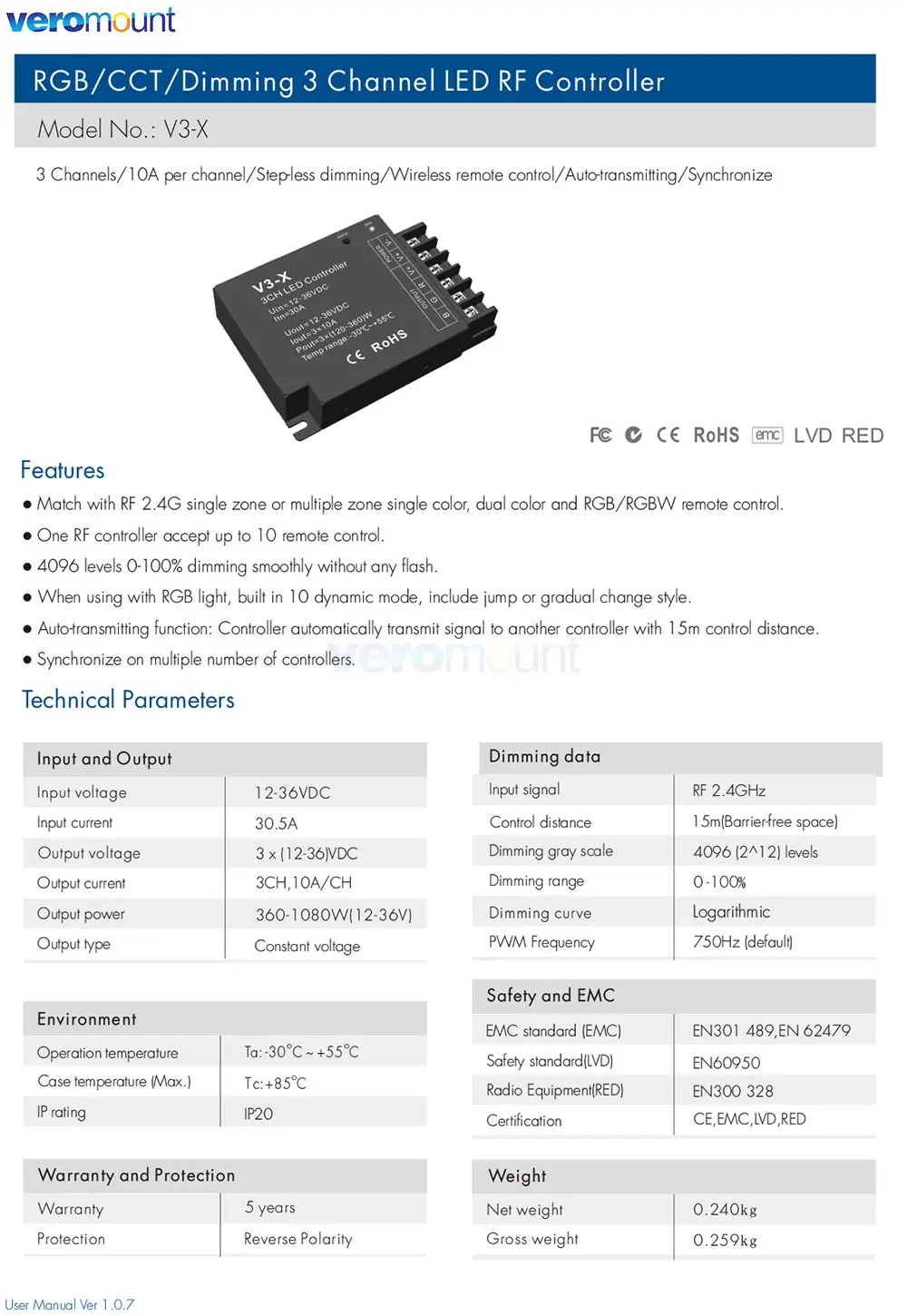 Skydance V3-X RGB LED Controller DC 12V 24V 3CH 10A 2.4G RF telecomando Wireless Dimmer CCT LED Strip Light Controller