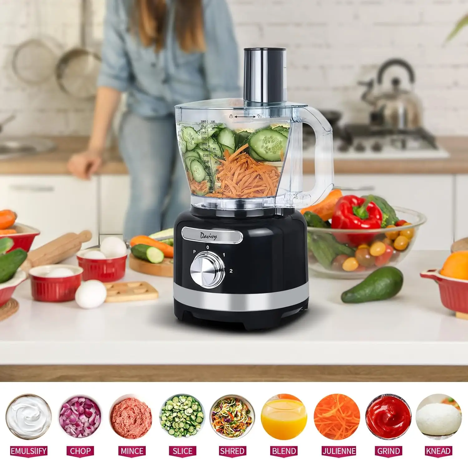 Davivy 16 Kopje Keukenmachine Blender Combo,10-In-1 Multifunctionele 3,8l Voedselhakmachine 7 Kopje Blender 1 Kopje Natte Molen, 600W