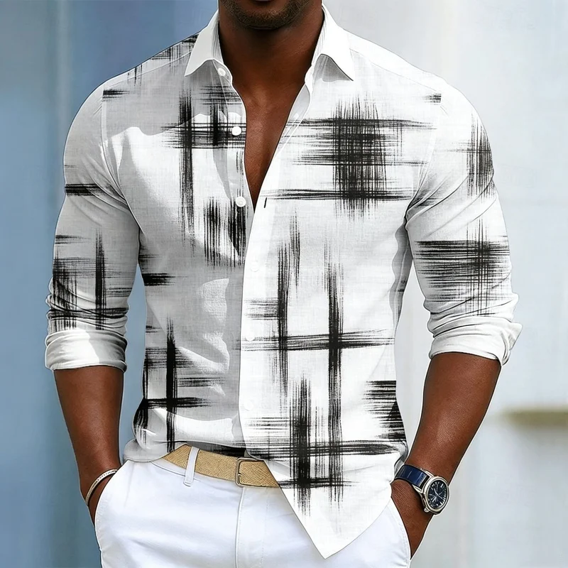 2026 New Men's Shirt White Base Black Graffiti Brush Pattern Printed Flip Collar Cardigan Loose Trendy Casual Men's Shirt