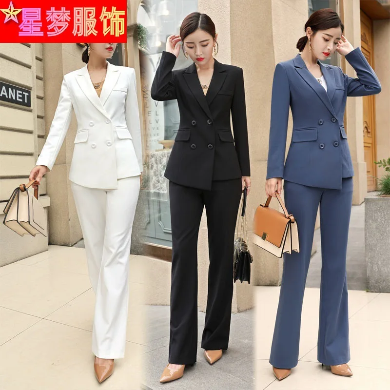 9311Long Sleeve Solid Color Double Breasted Suit Fashionable Jacket White Business Wear Formal Suit Work Clothes Bell-Bottom Pan