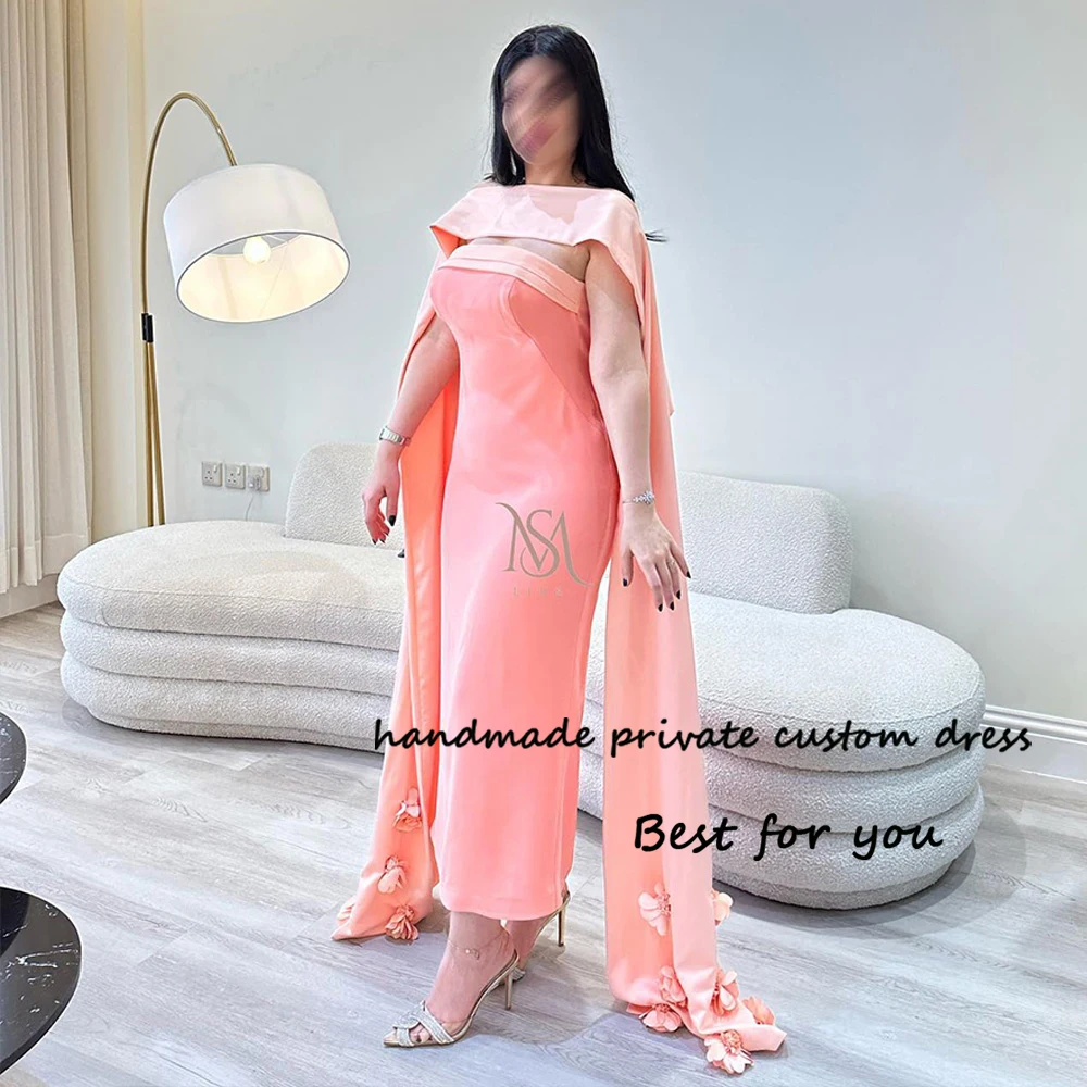 

Coral Satin Mermaid Evening Dresses with Cape 3D Flowers Luxury Arabic Dubai Formal Occasion Dress Floor Length Prom Party Gowns