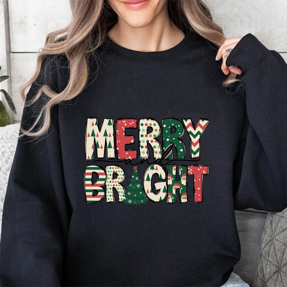 

Merry and Bright Christmas Women's Sweatshirt Family Merry Christmas Crew Sweatshirt For Women Jolly Festive Long Sleeve Top