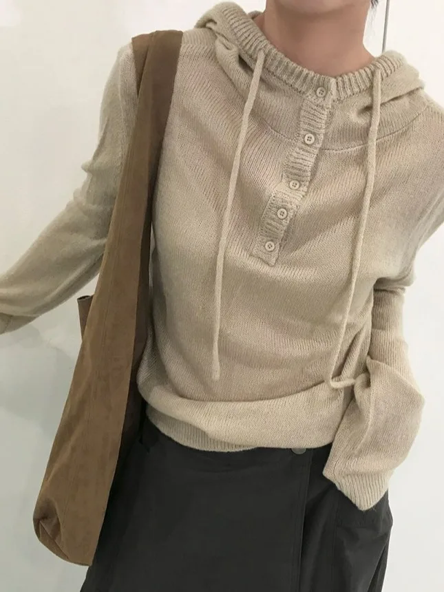 

Корейский трикотаж с капюшоном Sle Long Sve, женский осенне-зимний модный свитер на пуговицах, универсальный Ele Crew Ne Sw...