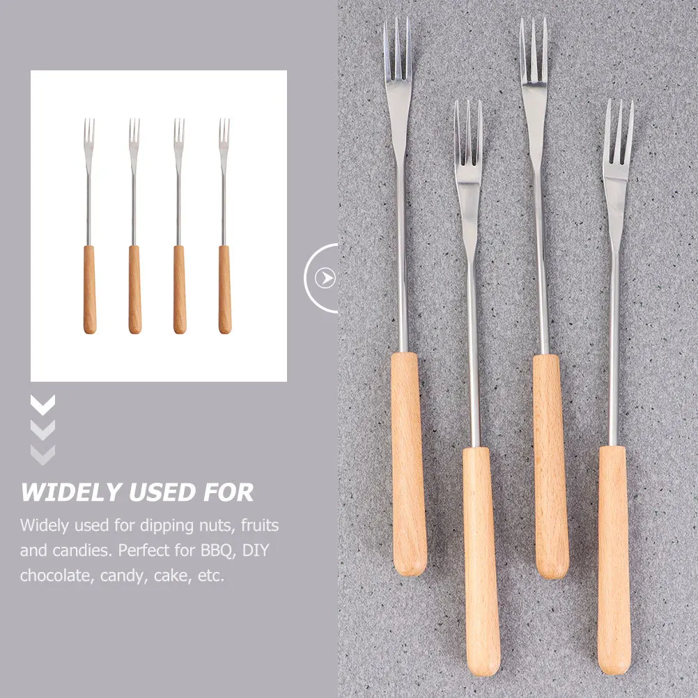 

4 Pcs Wooden Handle Hot Pot Fork Cheese Fondue Forks Long Toasting Stainless Steel Dipping Barbecue Dessert Marshmallow Skewers