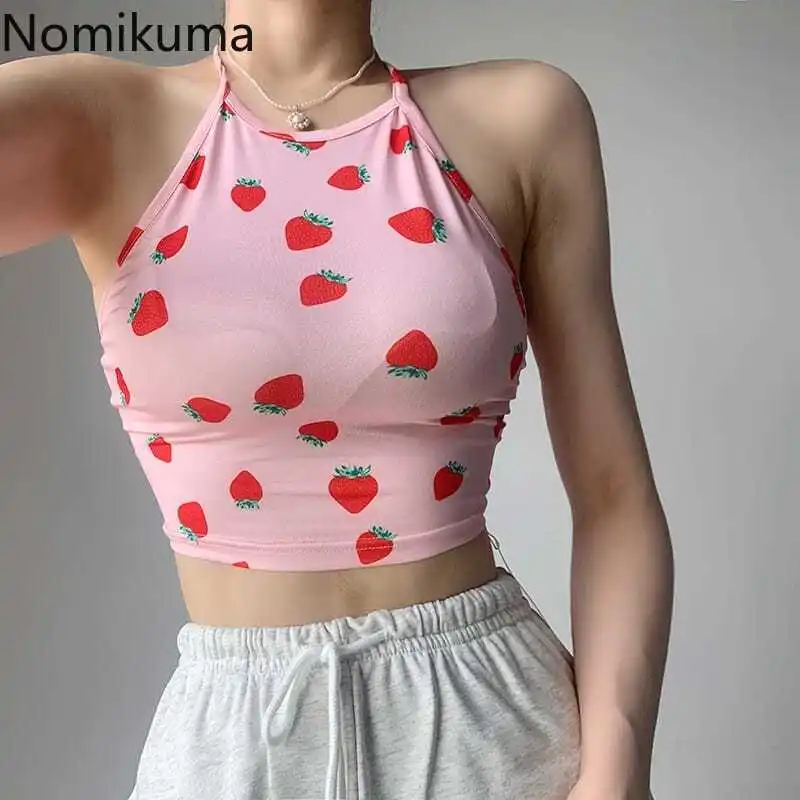 Strawberry Print Sweet Tanks Crop Tops O-neck Bandage Sleeveless Cute Camis Fashion Sexy Backless Summer Vest Women Ropa Mujer