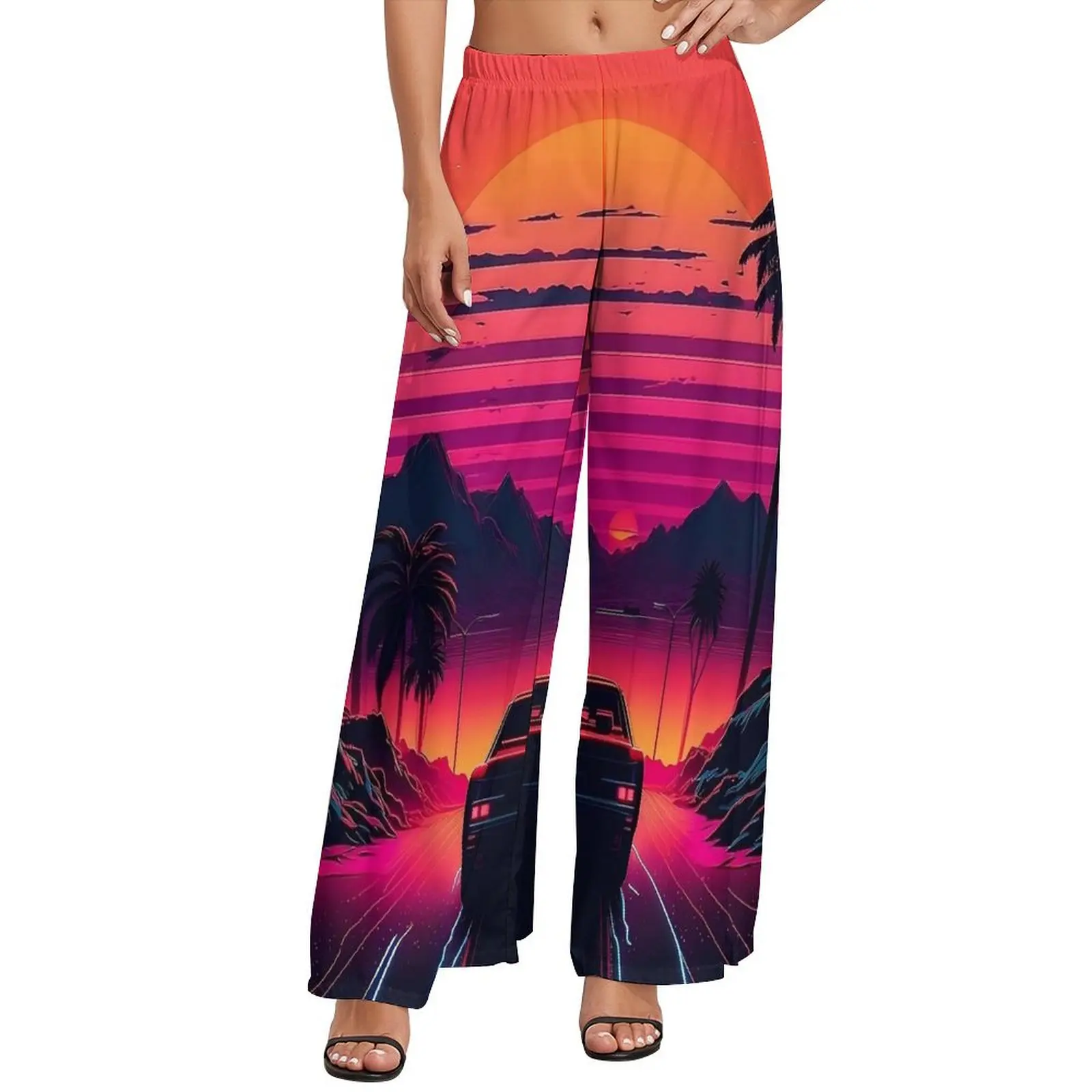 Sunset Palm Trees Pants Elastic Waist Beach Car Workout Trousers Street Style Graphic Wide Pants