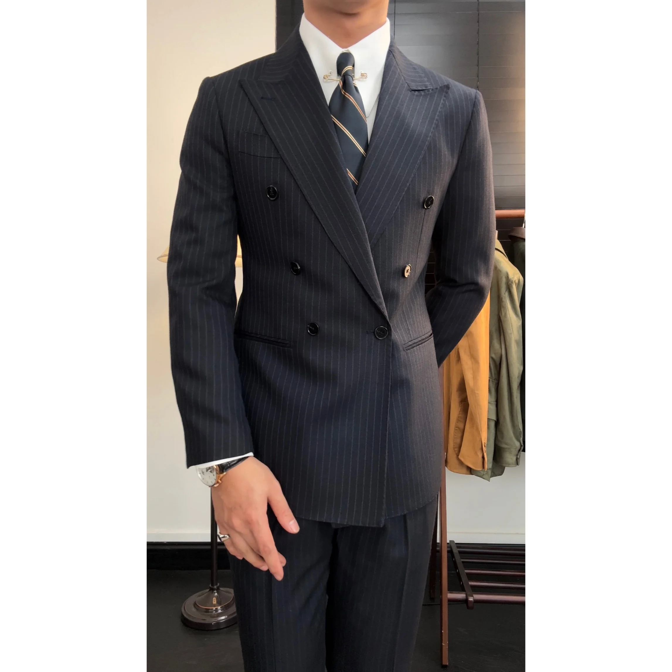 

Двубортный костюм Busin Gentleman в полоску, новая модель 2677, четырехсезонная молодежная офисная рабочая одежда со стойкой