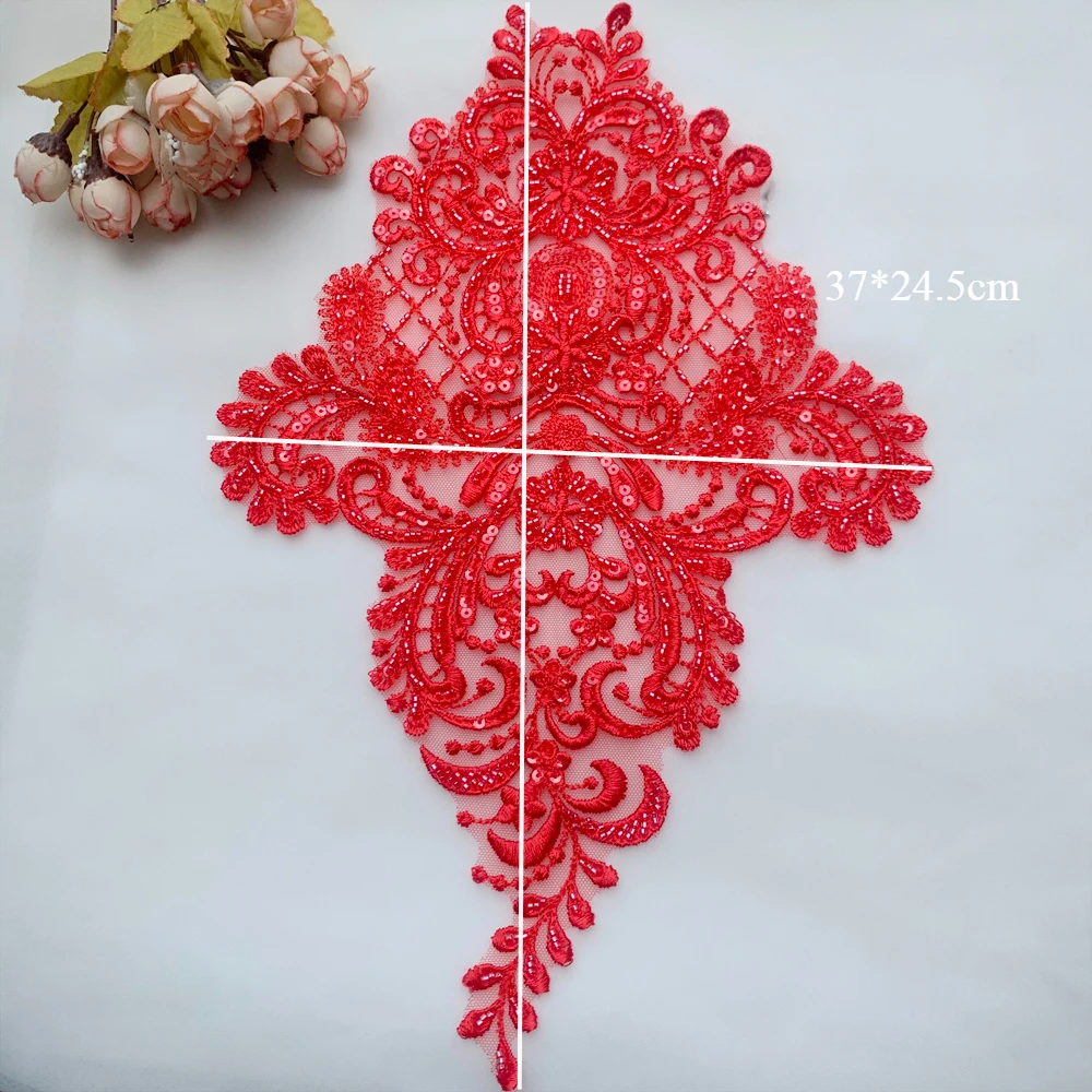 Beaded Sequin Embroidery Lace Applique, Retro Black and Red, 2 PCs/Pack DIY Wedding Dress Accessories, Lace Flower Patches