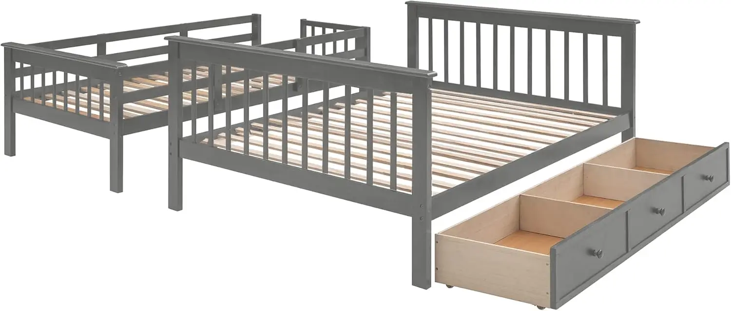 Lit double superposé avec rangement, bois avec escalier, lits superposés pour enfants, lit jumeau complet, gris, aucun ressort non nécessaire