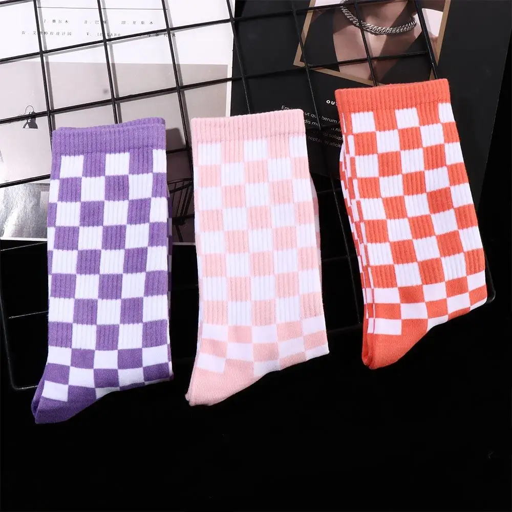 

Breathable Hip Hop Female Cotton Male Street Middle Tube Socks Checkered Socks Women Hosiery Korean Style Socks