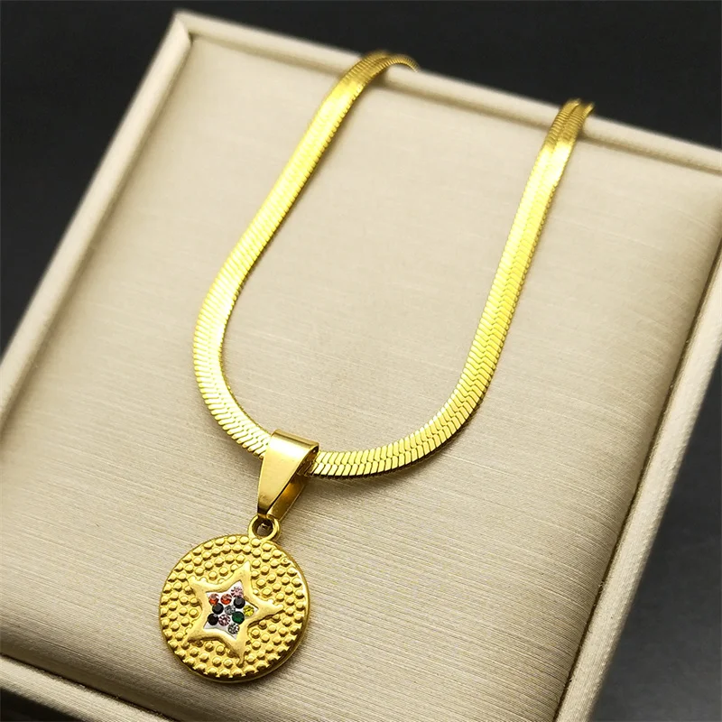 

Colorful Star Crystal Rhinestone Pendant Necklaces For Women Stainless Steel Gold Color Pentagram Luxury Quality Jewelry Gift