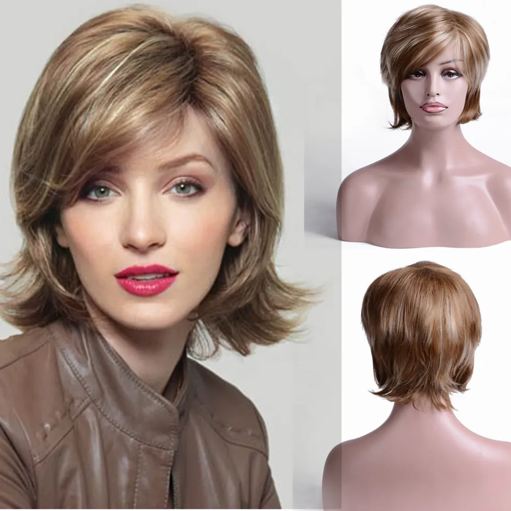 Short Straight Blonde Brown Mix Bob Wig for Women Heat Resistant Synthetic Hair Lace Front Hat Wig to Clavicle