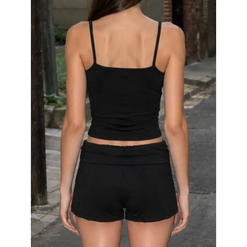 Lace lace thin shoulder strap short strap paired with high waisted pleated super shorts two-piece set for spicy girls