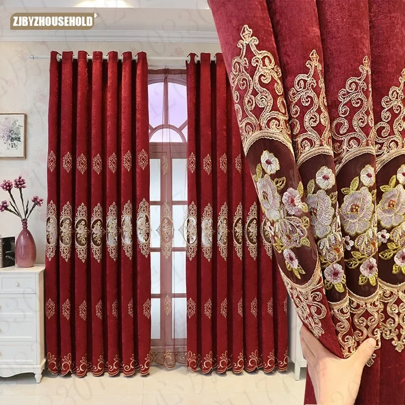 

European Embroidered Curtains for Living Dining Room Bedroom Chenille Curtain Finished Balcony Floor Floating Window