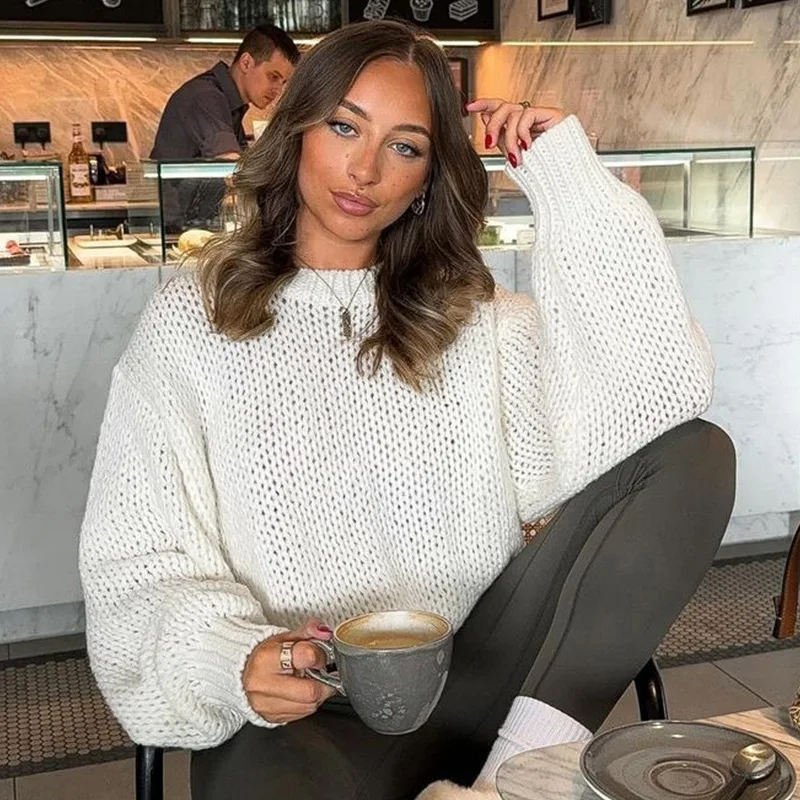 Luxury Women Clothing Lazy Oversized Sweater Trend White Knit Pullover Coats Long Sleeve O-neck Tops Loose Lightweight Outerwear