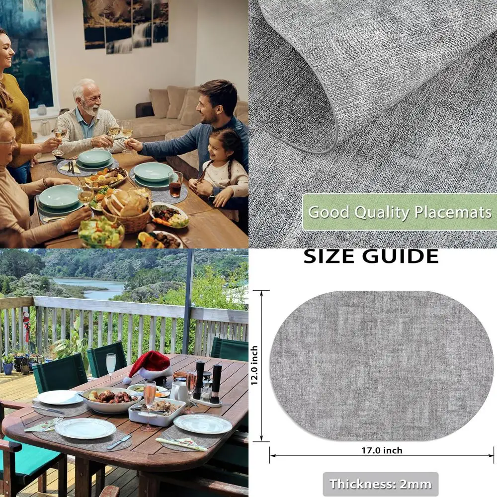 

Set of 12 Washable, Heat-Resistant Oval Faux Leather Placemats - Non-Slip, Waterproof for Indoor & Outdoor Use, Gray