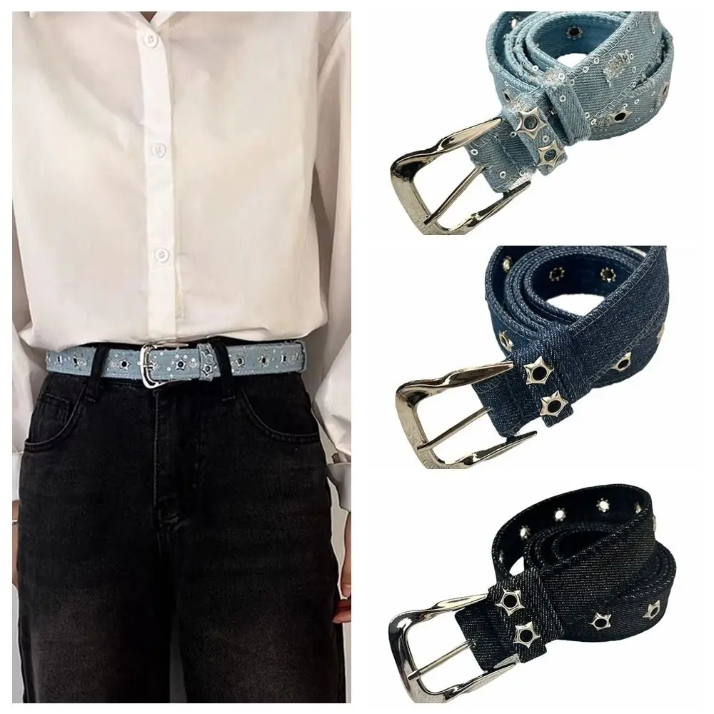 

Fashion Star Hollowed Pin Buckle Retro Jeans Belt Wide Korean Style Metal Buckle Belts Black Denim Aesthetic Denim Belt Women