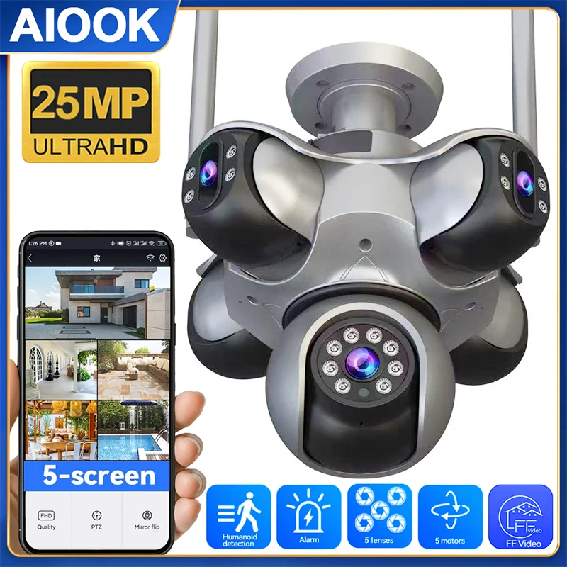 

AIOOK Outdoor Security Camera HD 25MP WIFI IP Camera 5 Lens 5 Screen 5 PTZ Motion Tracking 2 Way Intercom Color Night Vision